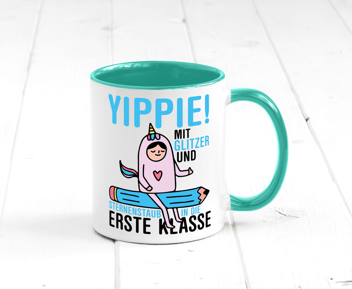 Mit Glitzer und Sternenstaub | Einschulung Einhorn lustiger Spruch Geschenk Tasse