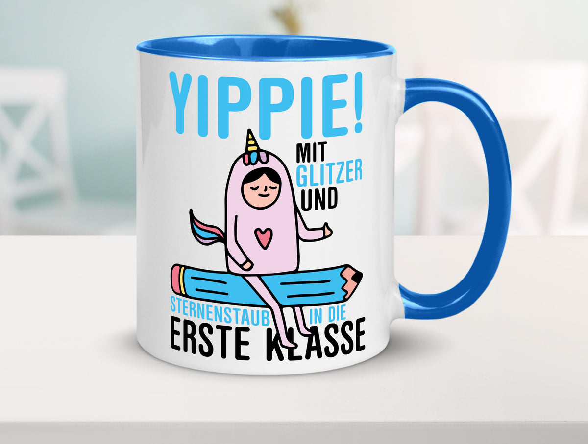 Mit Glitzer und Sternenstaub | Einschulung Einhorn lustiger Spruch Geschenk Tasse