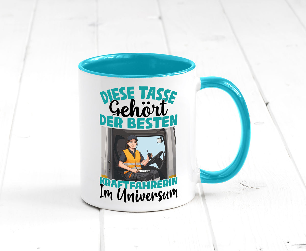 Im Universum: Kraftfahrerin | Lastwagen LKW lustig Humor Geschenkidee Geschenk Tasse