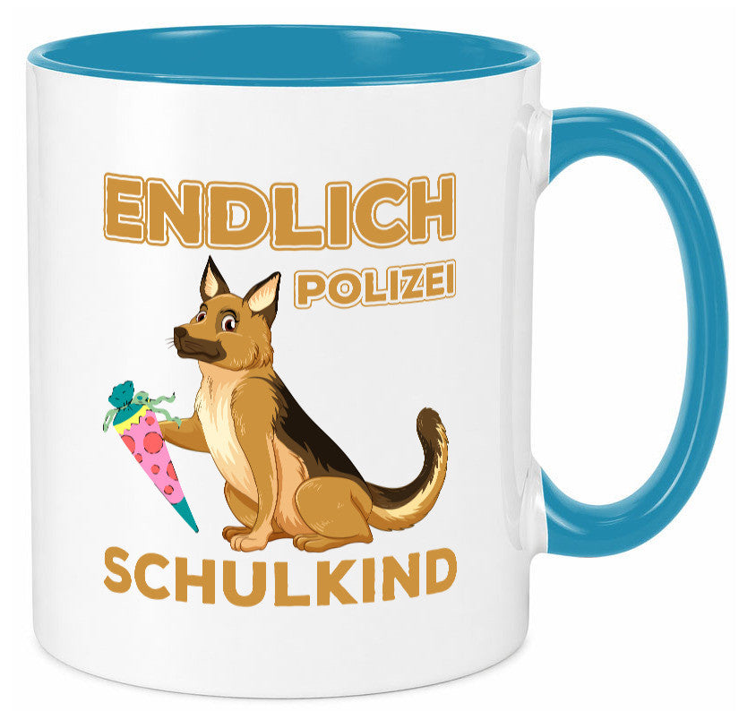 Endlich Schulkind | Tasse Einschulung Polizei Hund lustiger Spruch Geschenk