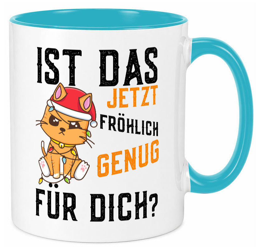 Ist das fröhlich genug | Katze Weihnachten Lichterkette Geschenk Tierliebhaber Tasse