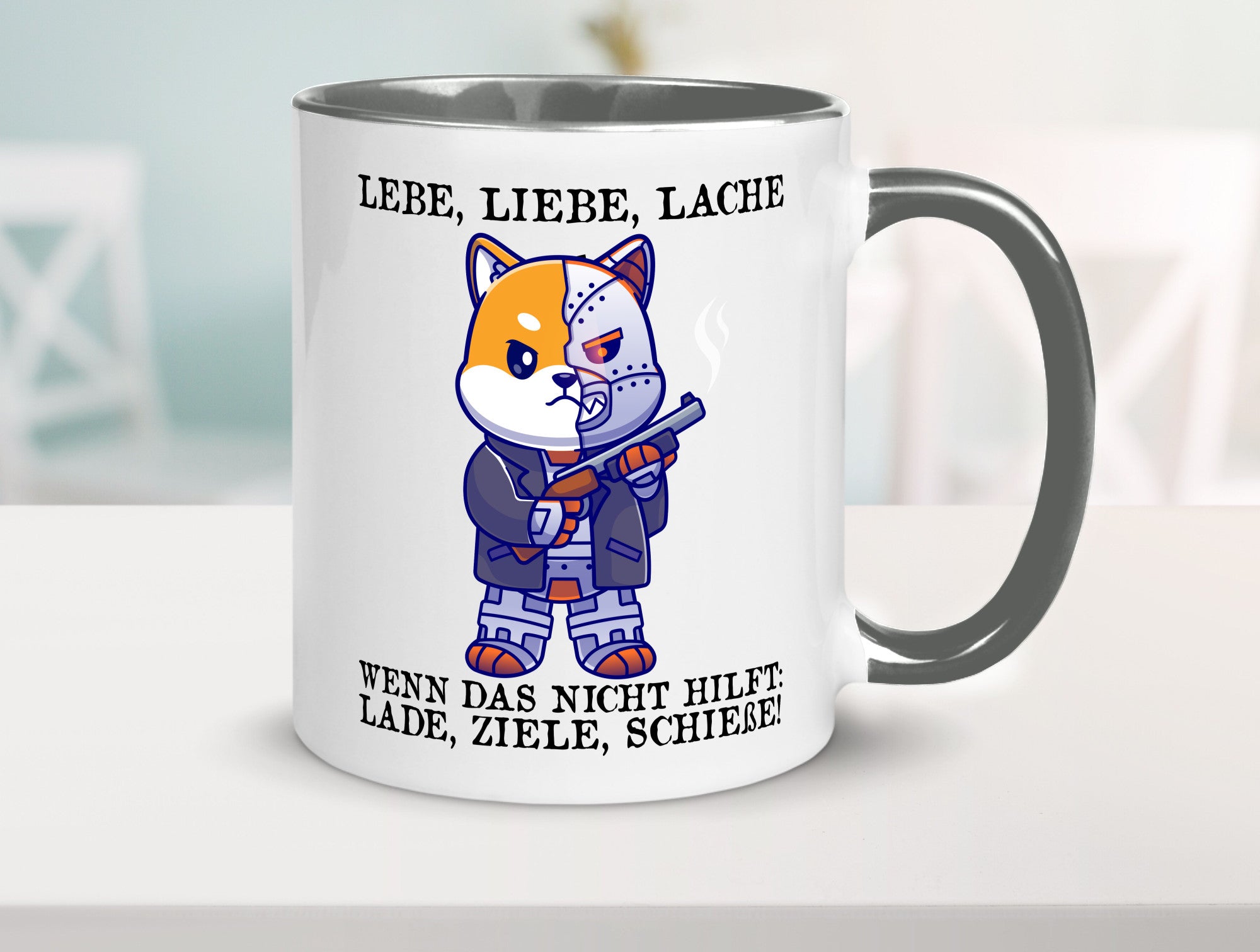 Lebe Liebe Lache | Sarkasmus Katze mit Gewehr Comic Geschenk Tierliebhaber