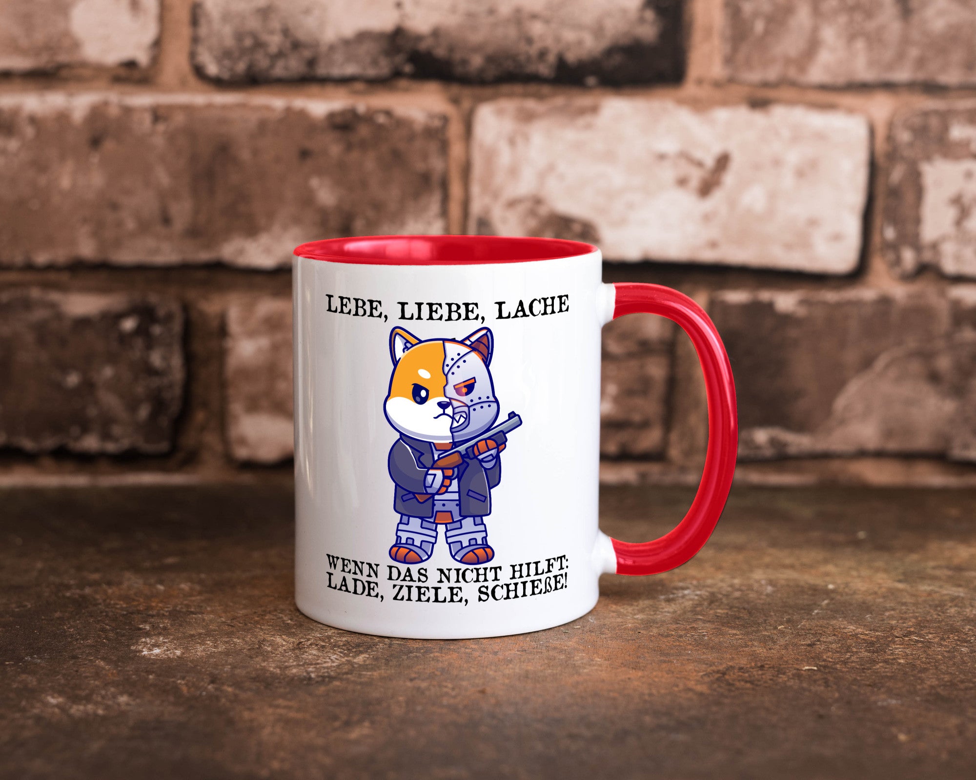 Lebe Liebe Lache | Sarkasmus Katze mit Gewehr Comic Geschenk Tierliebhaber