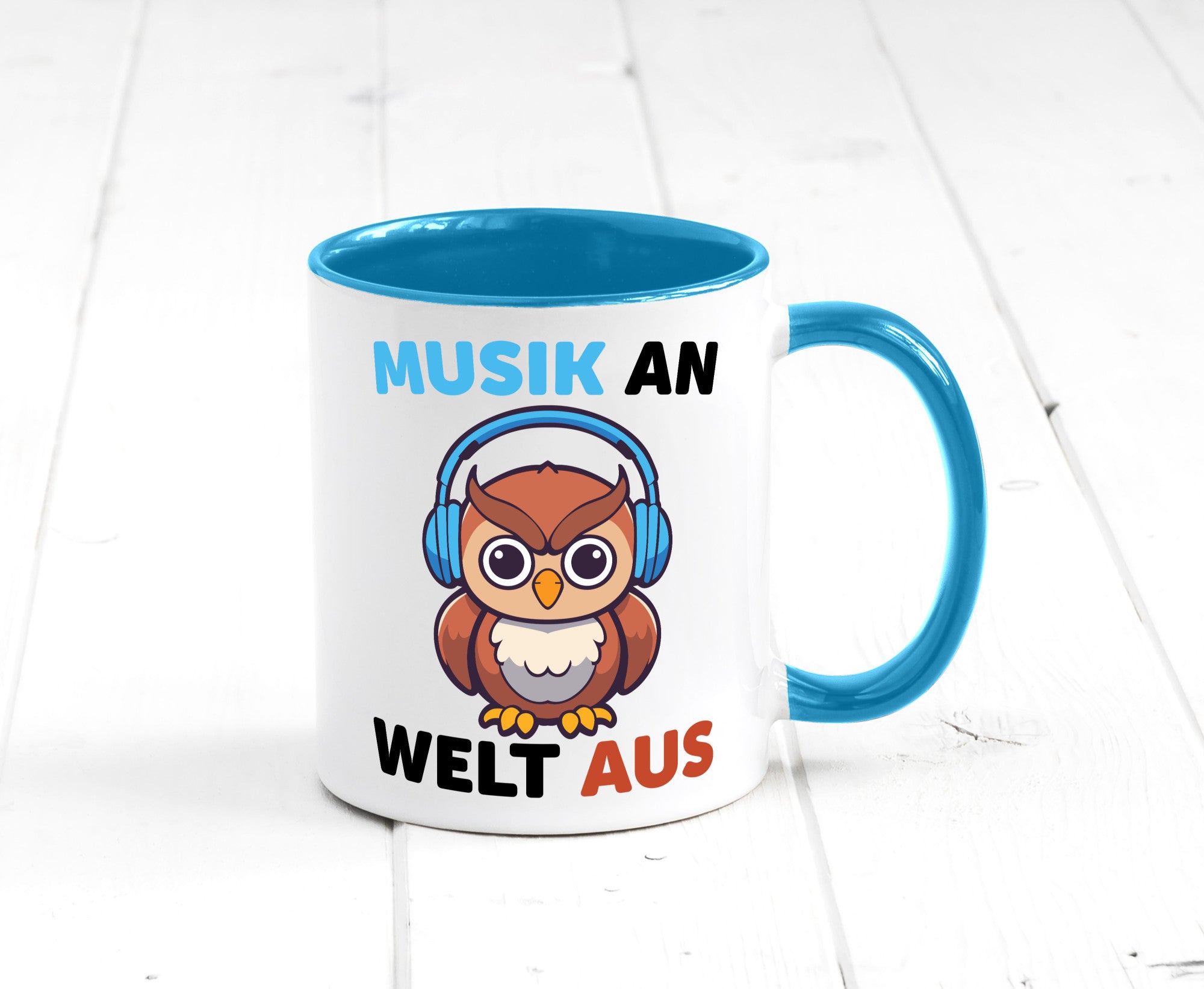 Musik an Welt aus | Eule hört lustiger Spruch Geschenk Humor Geschenkidee Tasse