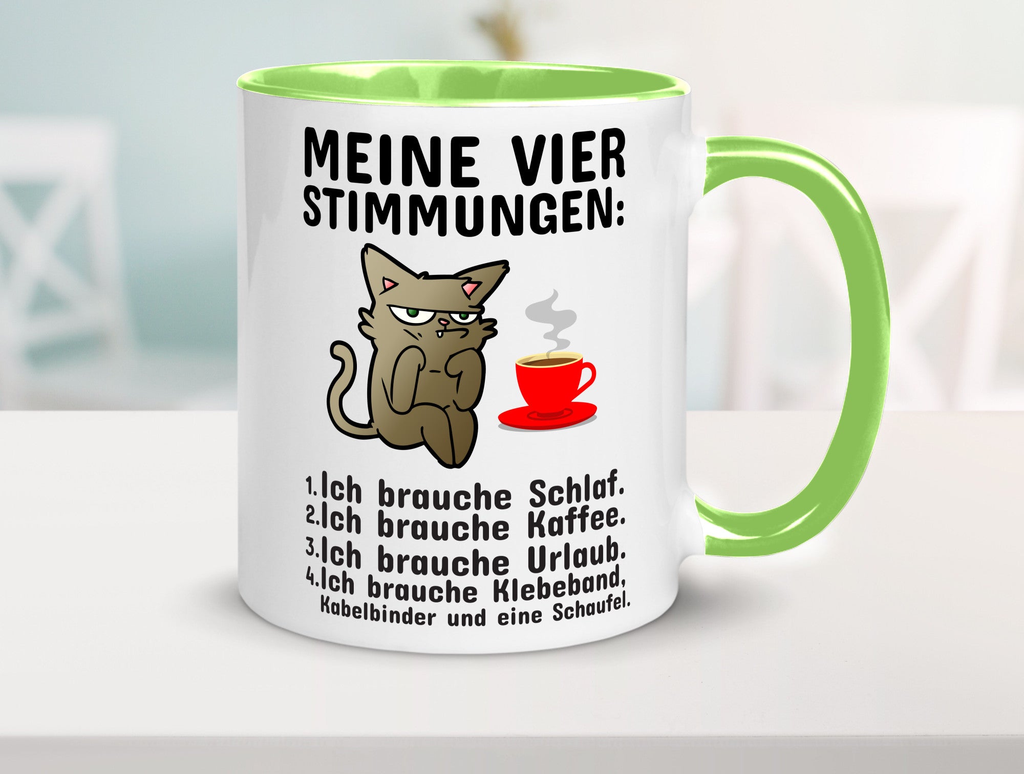Vier Stimmungen | Morgenmuffel Tasse mürrische Katze Humor Tierliebhaber