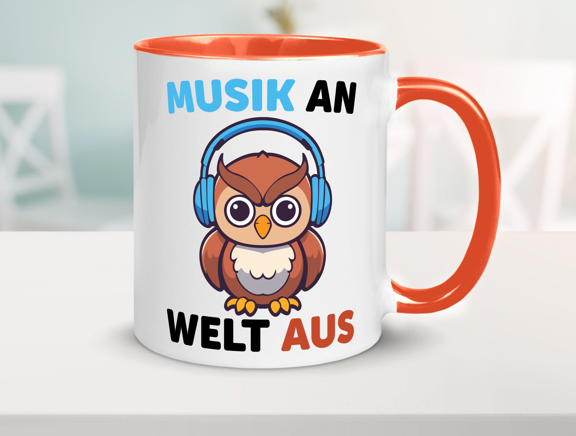 Musik an Welt aus | Eule hört lustiger Spruch Geschenk Humor Geschenkidee Tasse