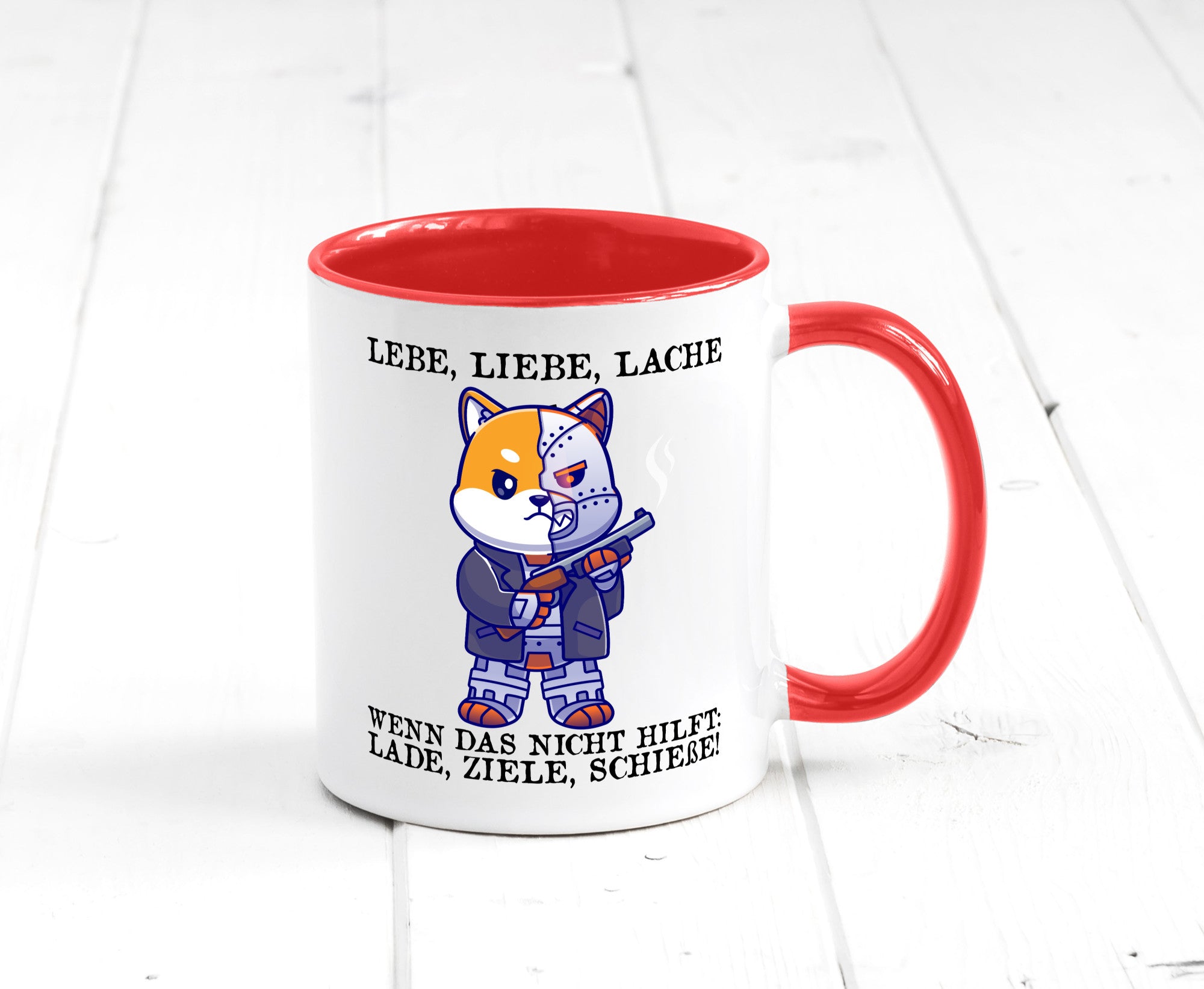 Lebe Liebe Lache | Sarkasmus Katze mit Gewehr Comic Geschenk Tierliebhaber
