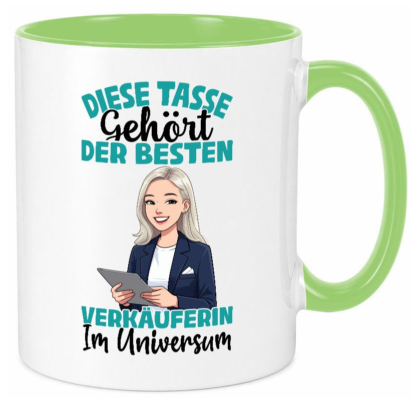 Im Universum: Verkäuferin| Kollegin | Verkaufsjob lustiger Spruch Geschenk Tasse