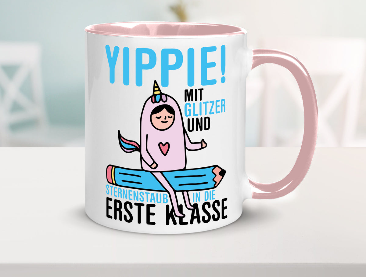 Mit Glitzer und Sternenstaub | Einschulung Einhorn lustiger Spruch Geschenk Tasse