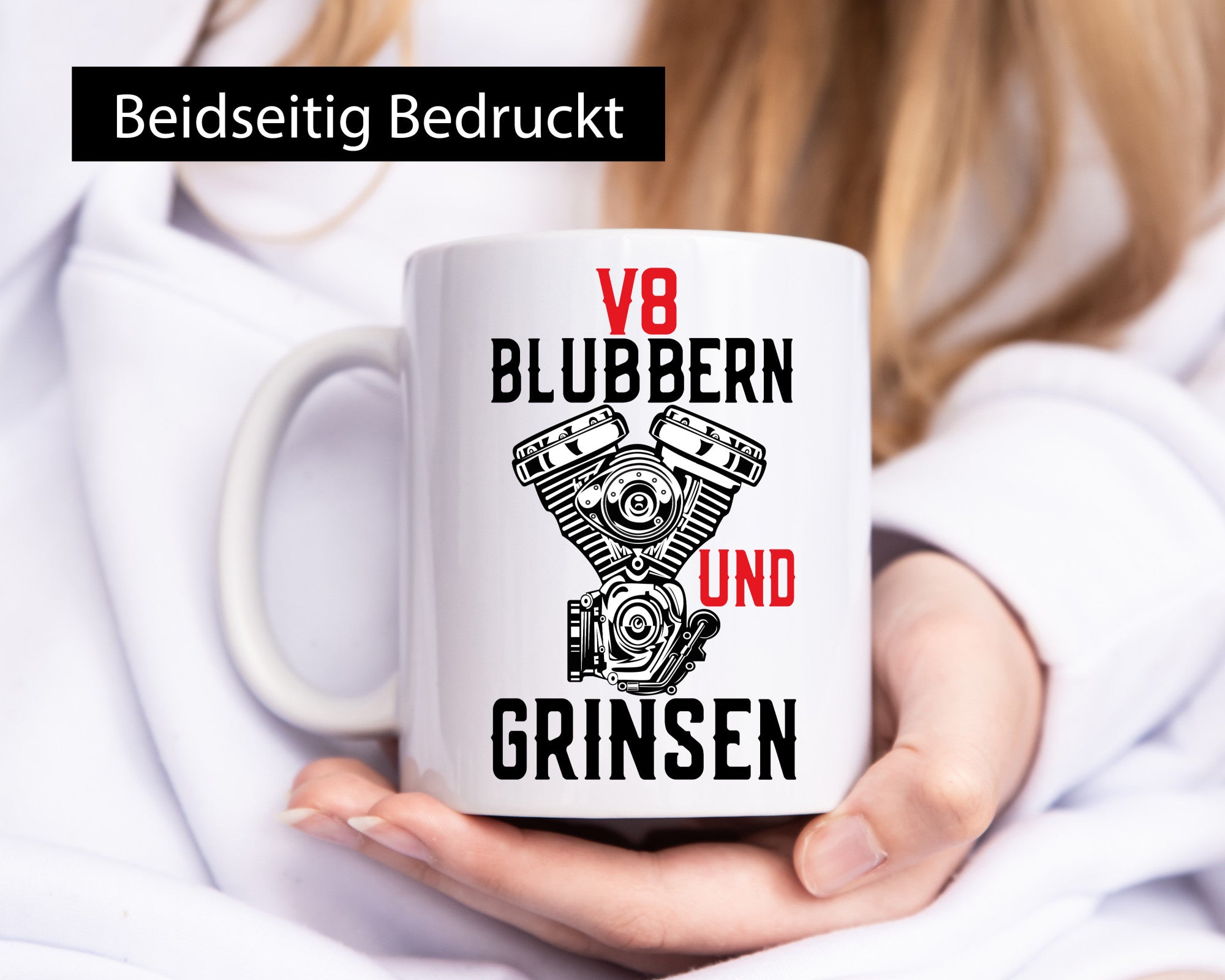 Blubbern und Grinsen | V8 Motor Hubraum Autofan Humor Geschenkidee Tasse