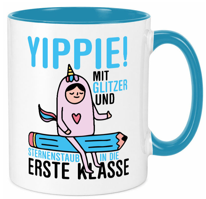 Mit Glitzer und Sternenstaub | Einschulung Einhorn lustiger Spruch Geschenk Tasse