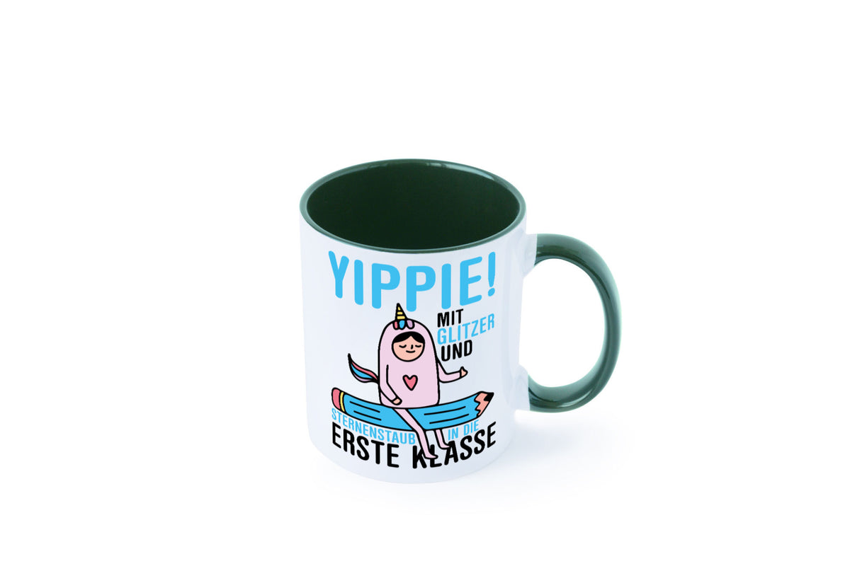 Mit Glitzer und Sternenstaub | Einschulung Einhorn lustiger Spruch Geschenk Tasse