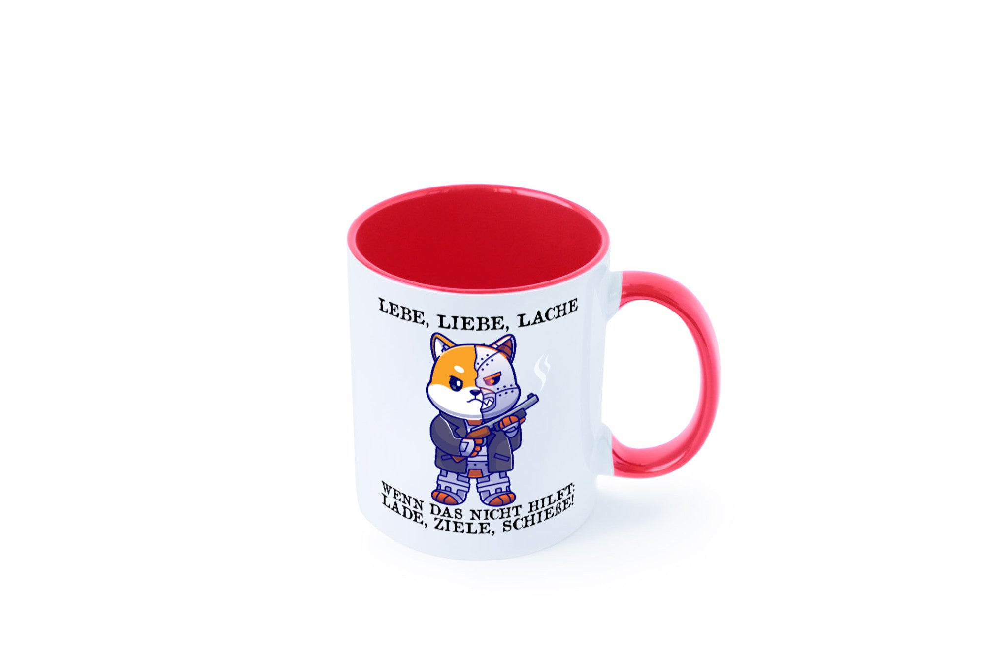 Lebe Liebe Lache | Sarkasmus Katze mit Gewehr Comic Geschenk Tierliebhaber