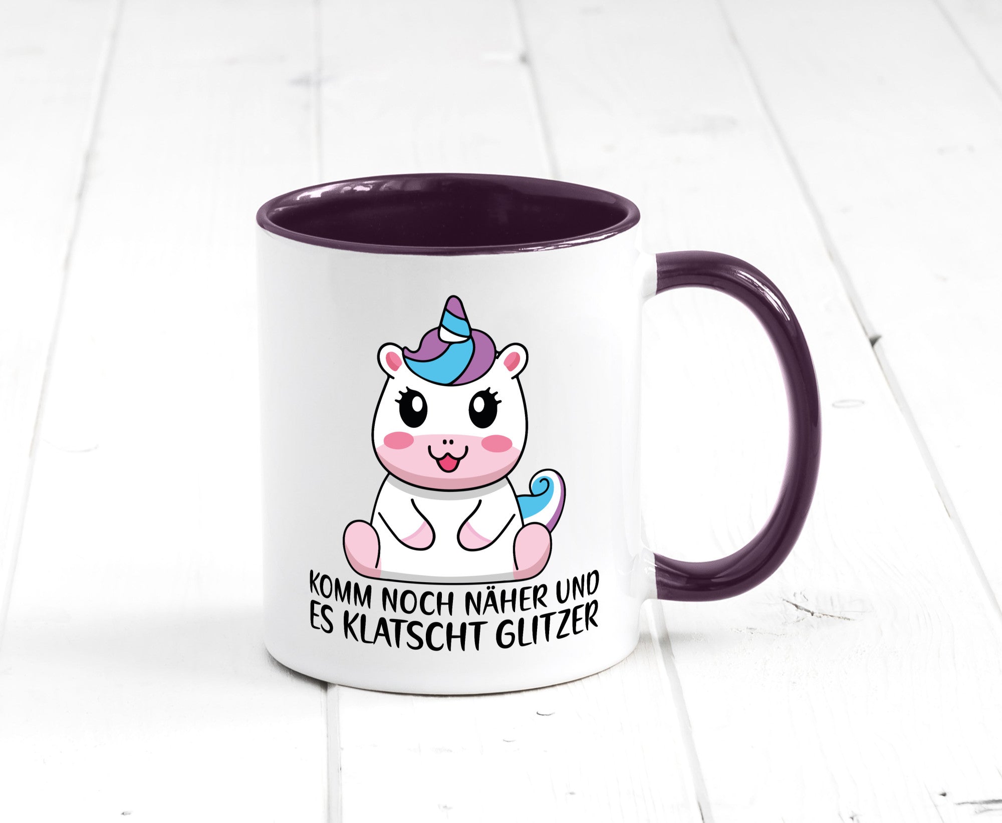 Komm näher und es klatscht Glitzer | Humor Einhorn Geschenkidee Tasse