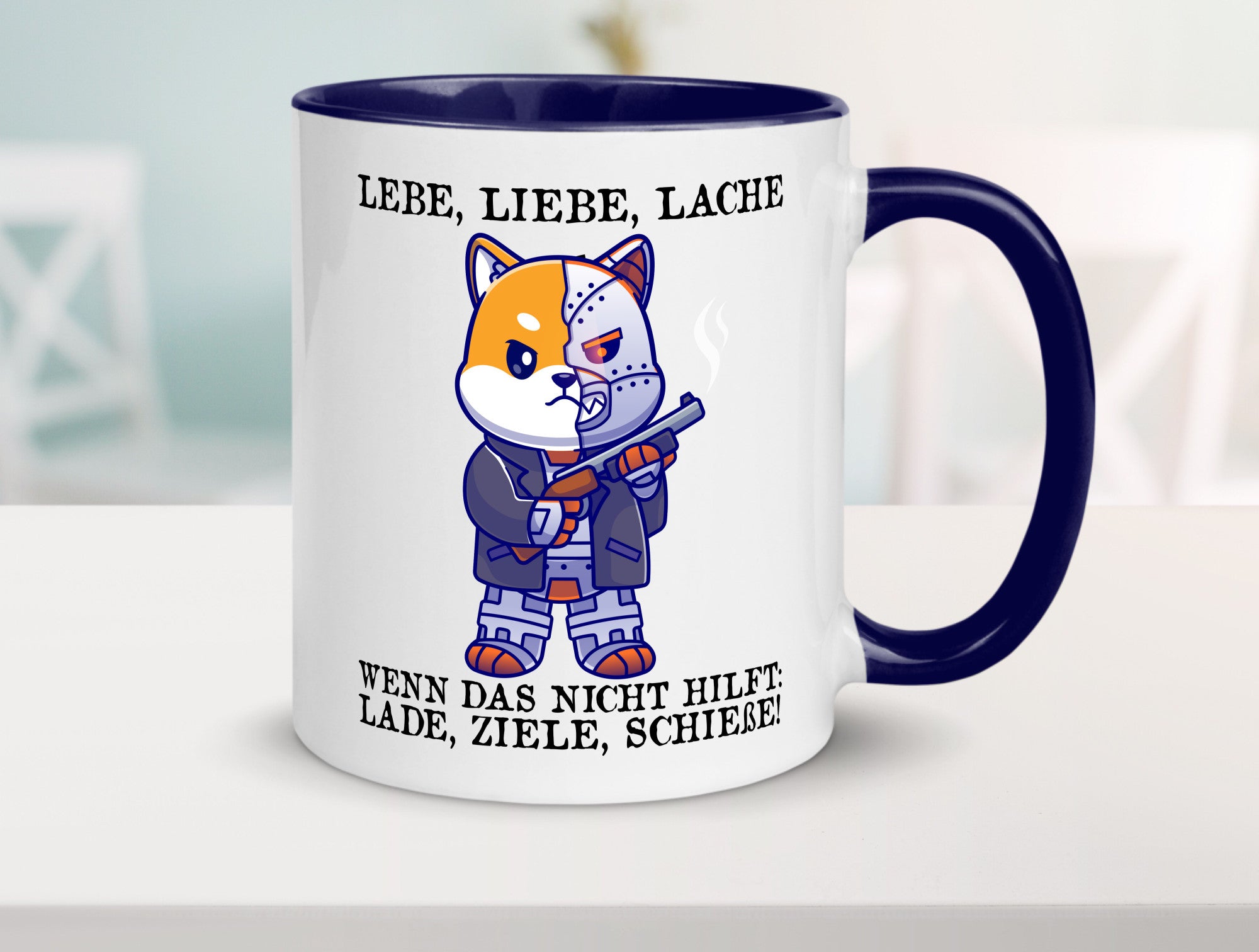 Lebe Liebe Lache | Sarkasmus Katze mit Gewehr Comic Geschenk Tierliebhaber