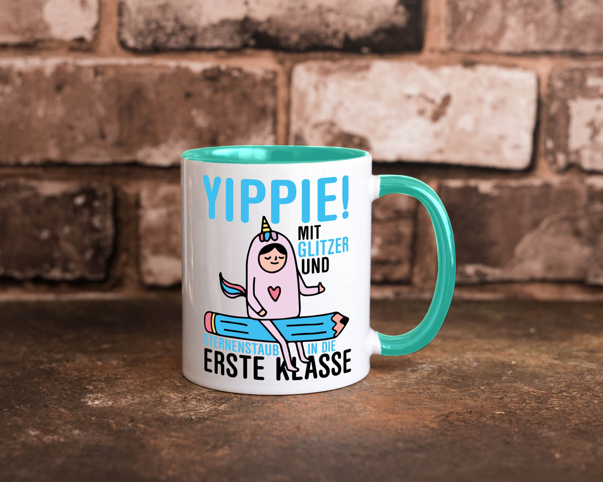 Mit Glitzer und Sternenstaub | Einschulung Einhorn lustiger Spruch Geschenk Tasse