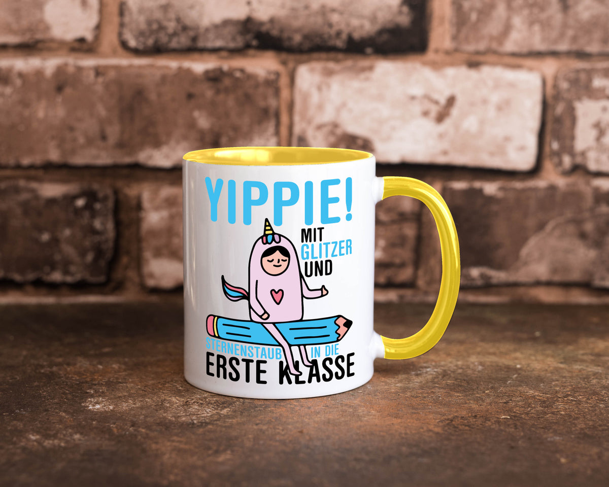 Mit Glitzer und Sternenstaub | Einschulung Einhorn lustiger Spruch Geschenk Tasse