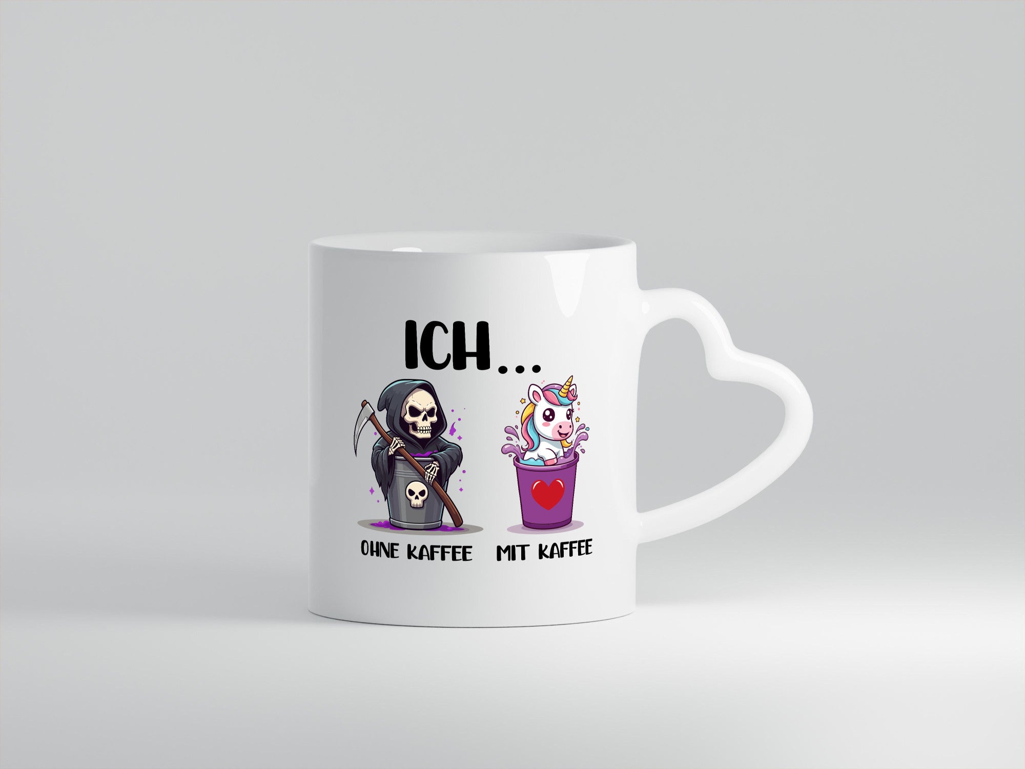 Ich mit und ohne Kaffee | Einhorn Kaffeetrinker v2 Humor Geschenkidee Tasse
