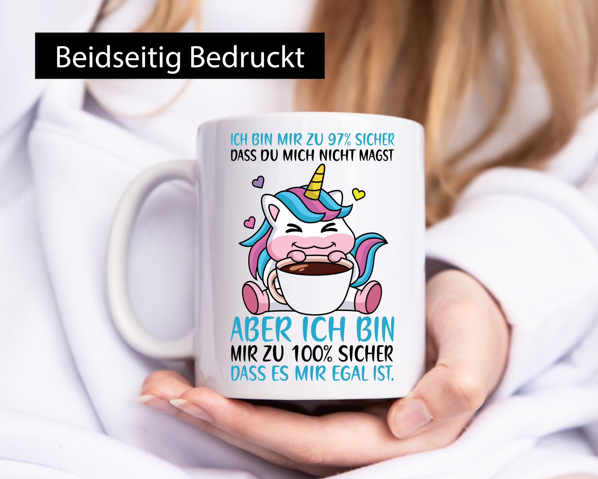 Zu 97% sicher | Einhorn mit Tasse Comic Selbstbewusst lustiger Spruch Geschenk