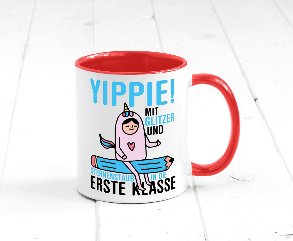 Mit Glitzer und Sternenstaub | Einschulung Einhorn lustiger Spruch Geschenk Tasse