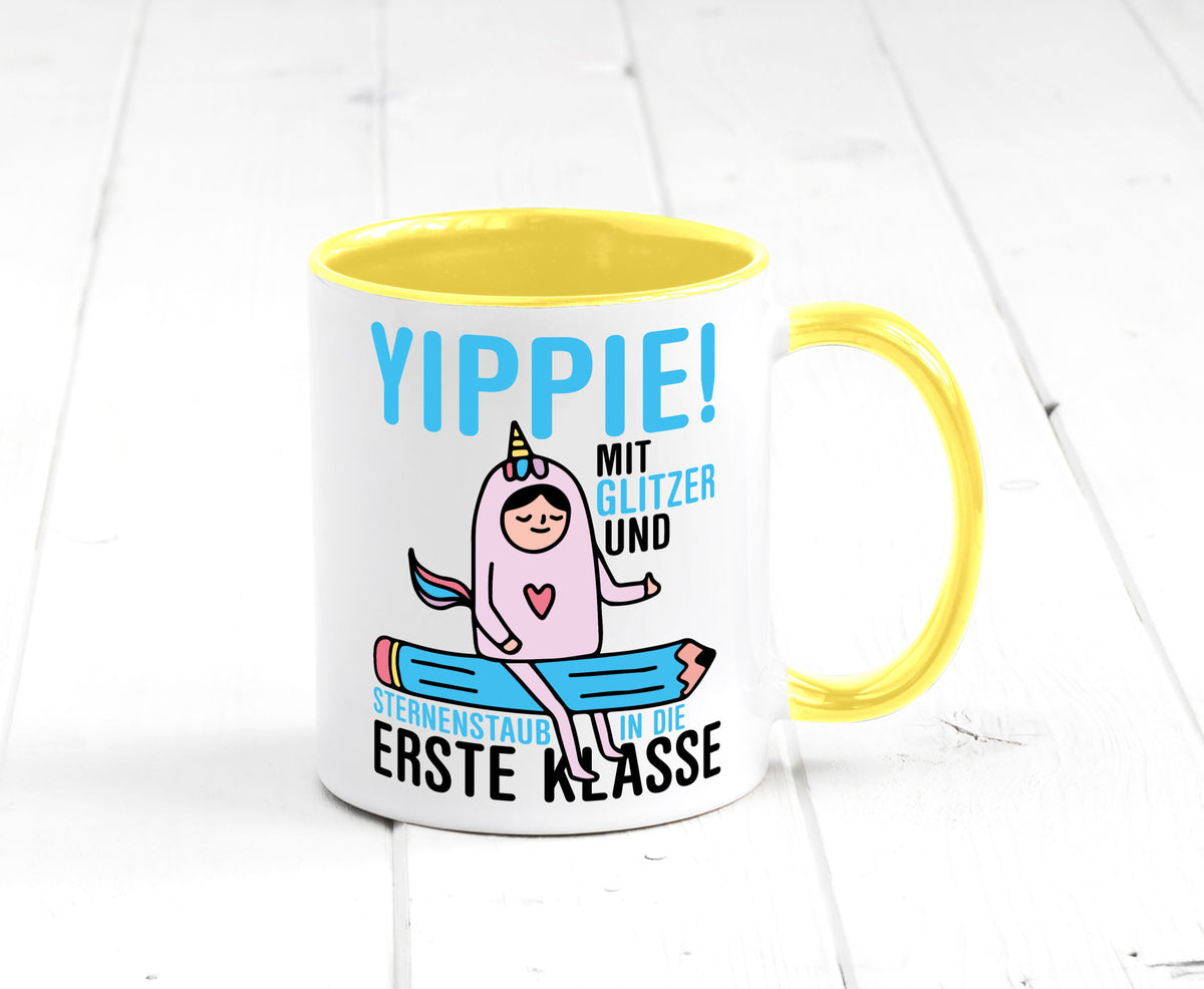 Mit Glitzer und Sternenstaub | Einschulung Einhorn lustiger Spruch Geschenk Tasse