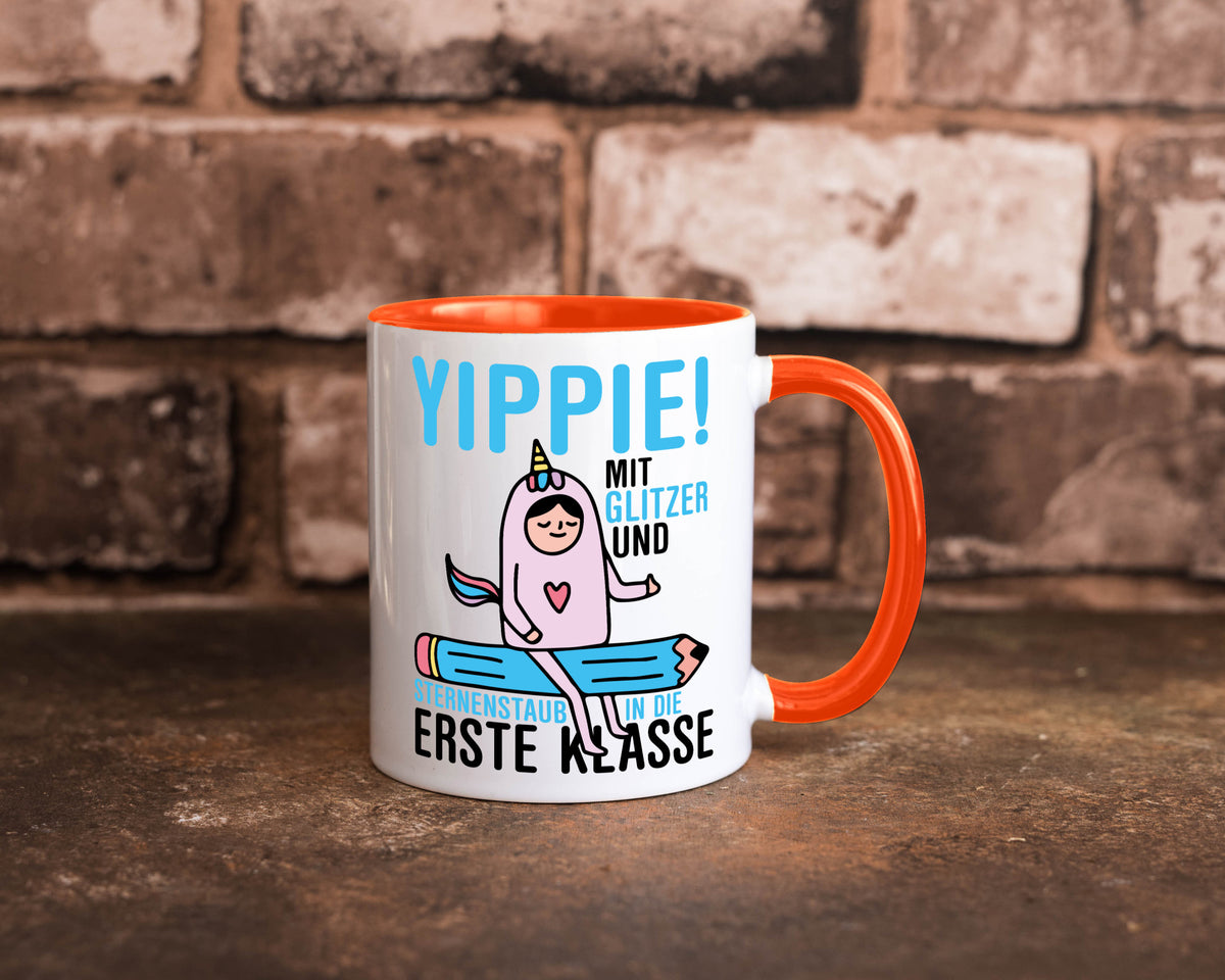 Mit Glitzer und Sternenstaub | Einschulung Einhorn lustiger Spruch Geschenk Tasse