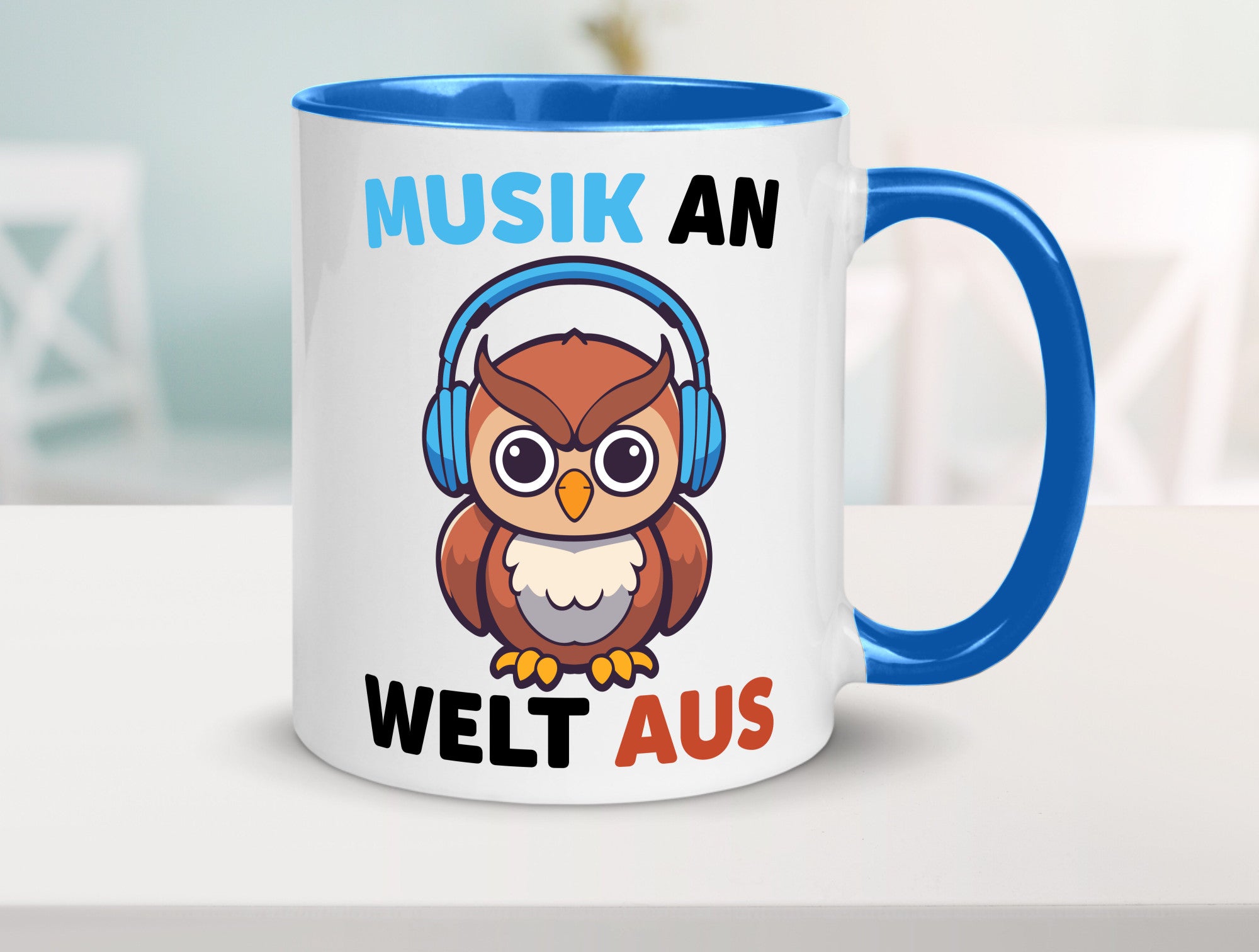 Musik an Welt aus | Eule hört lustiger Spruch Geschenk Humor Geschenkidee Tasse