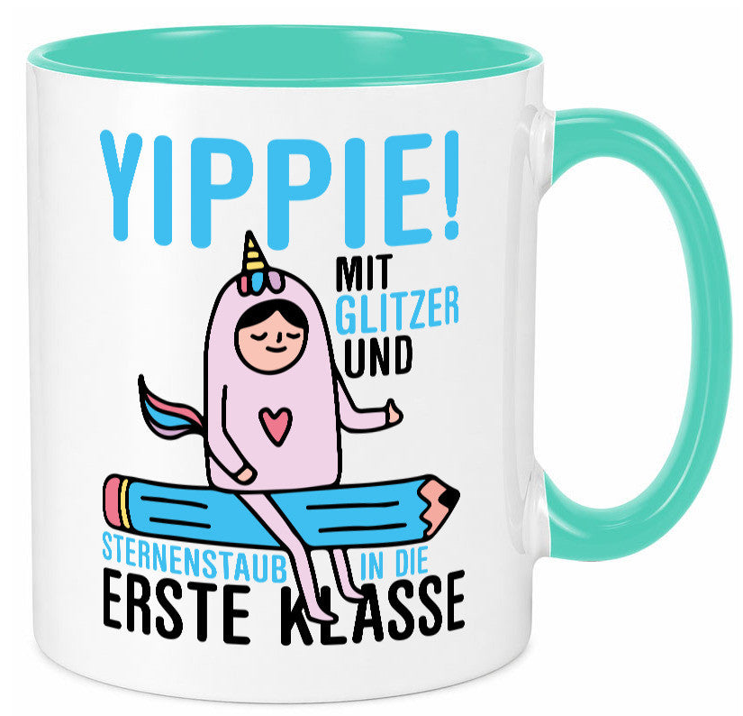 Mit Glitzer und Sternenstaub | Einschulung Einhorn lustiger Spruch Geschenk Tasse