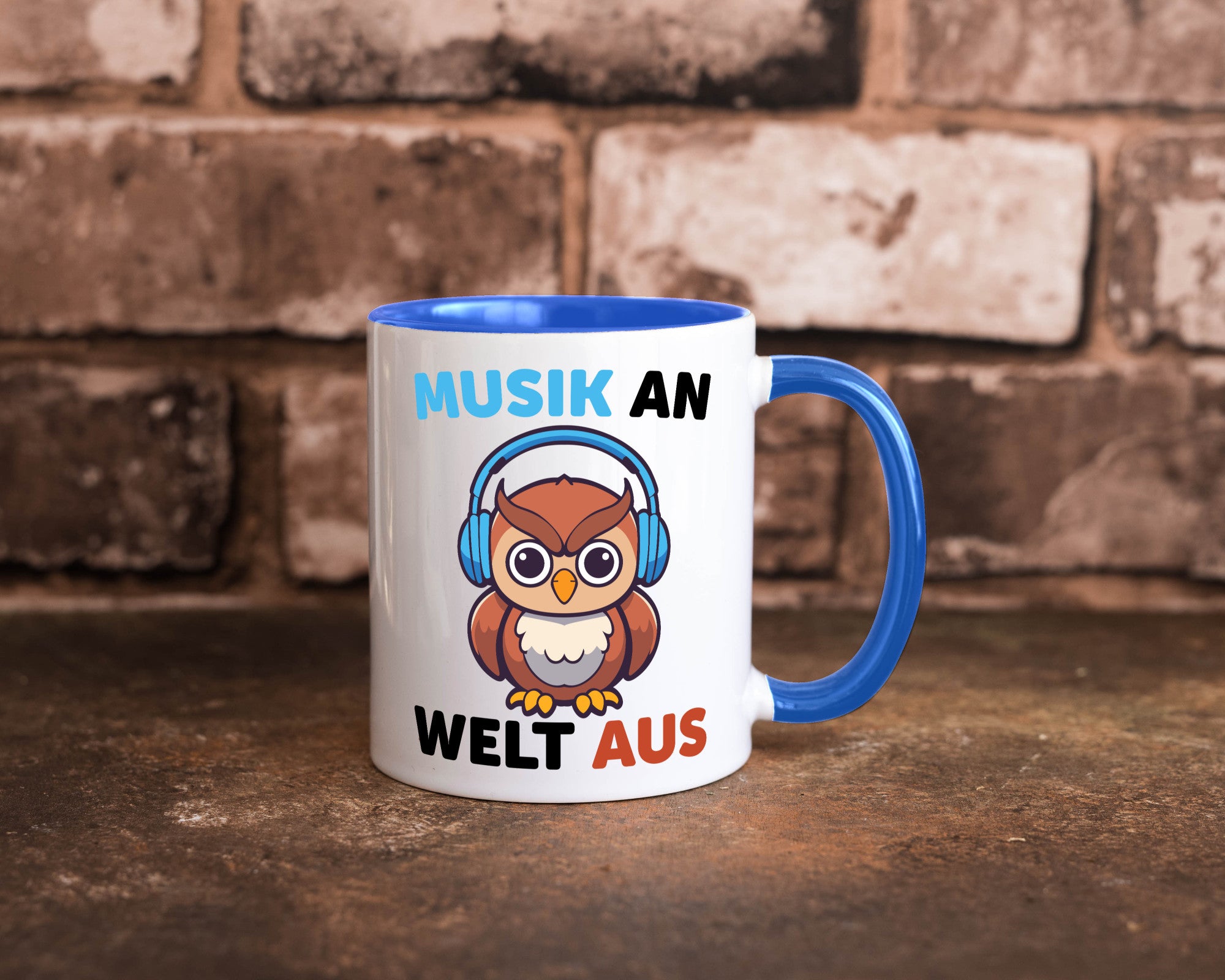 Musik an Welt aus | Eule hört lustiger Spruch Geschenk Humor Geschenkidee Tasse