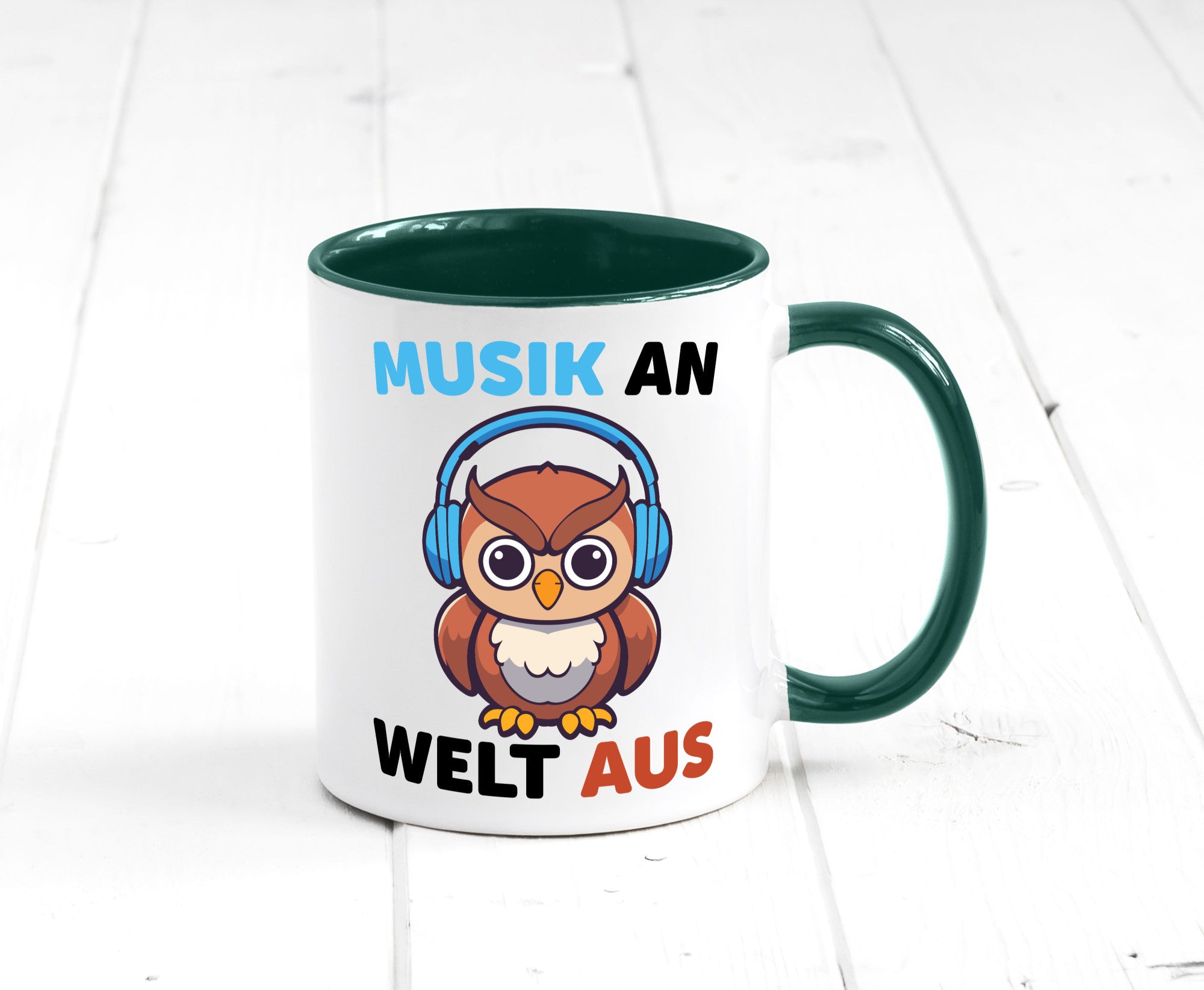 Musik an Welt aus | Eule hört lustiger Spruch Geschenk Humor Geschenkidee Tasse