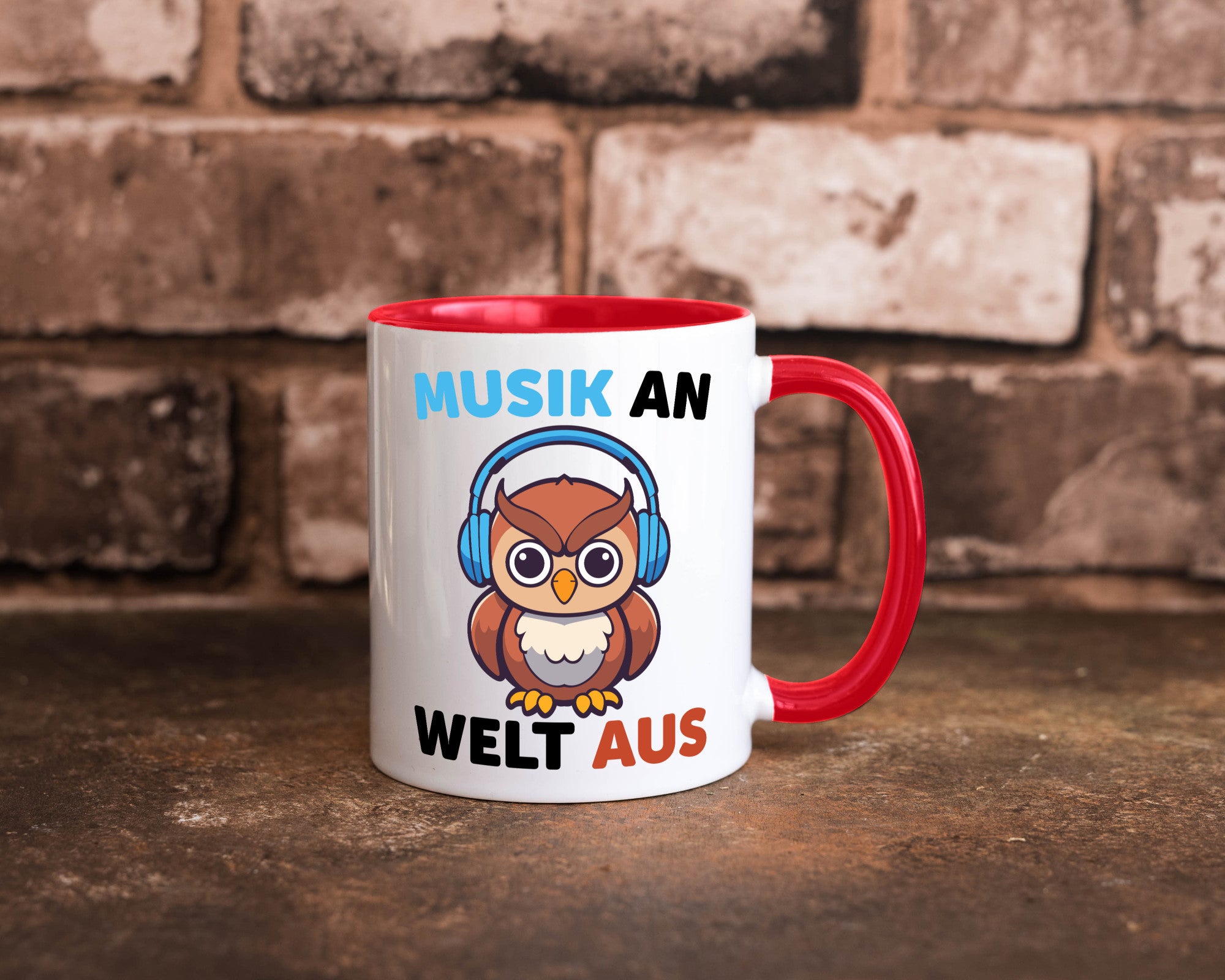 Musik an Welt aus | Eule hört lustiger Spruch Geschenk Humor Geschenkidee Tasse