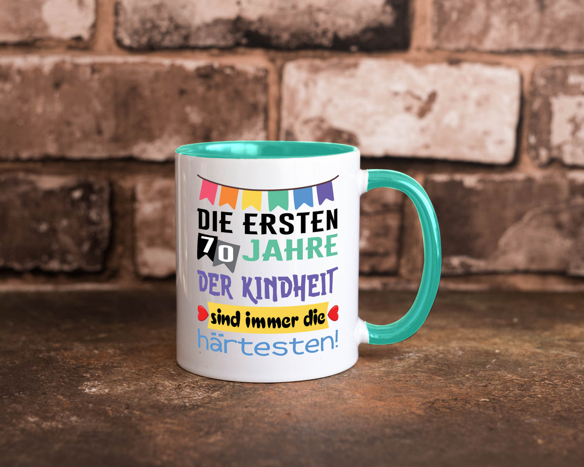 Die ersten 70 Jahre der Kindheit | 70. Geburtstag Rentner Humor Ruhestand Tasse
