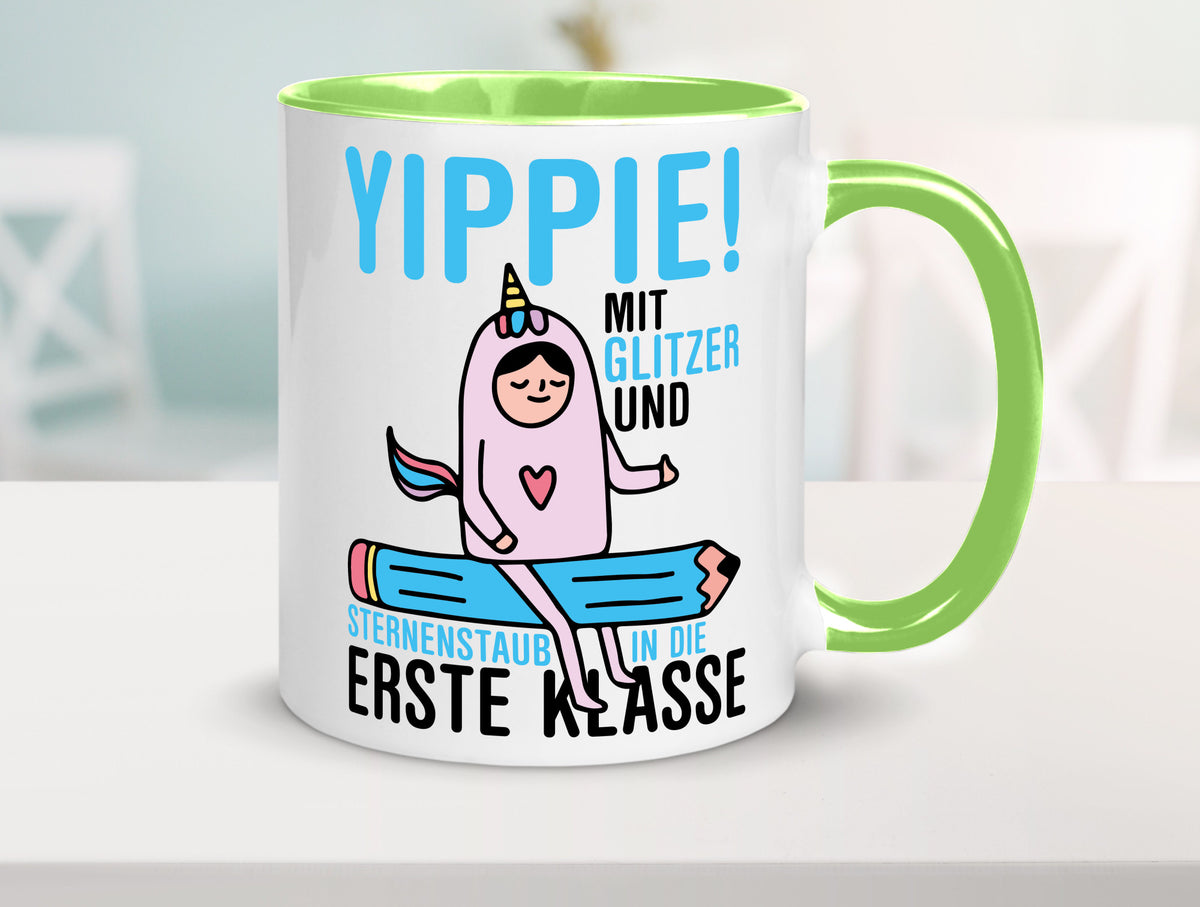 Mit Glitzer und Sternenstaub | Einschulung Einhorn lustiger Spruch Geschenk Tasse