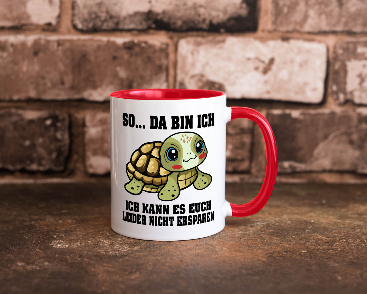 So da bin ich, ich kann es euch leider nicht ersparen Geschenk Humor Tasse