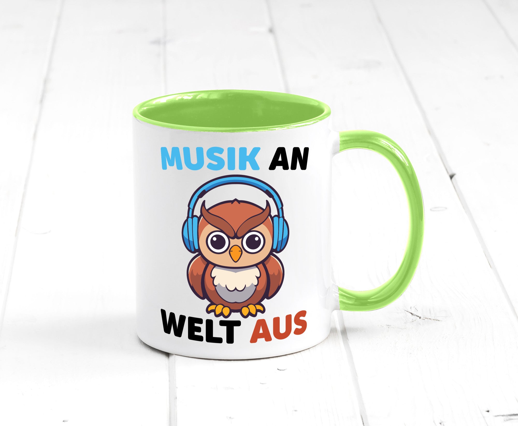 Musik an Welt aus | Eule hört lustiger Spruch Geschenk Humor Geschenkidee Tasse