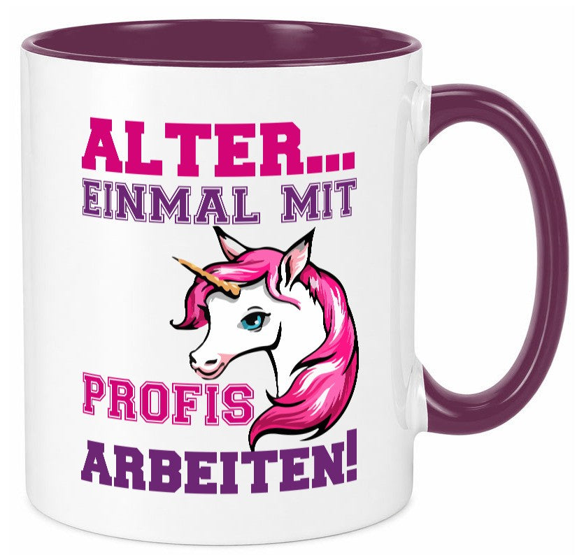 Mit Profis arbeiten | grimmiges Einhorn witzige Tasse Humor Arbeit Kollegen