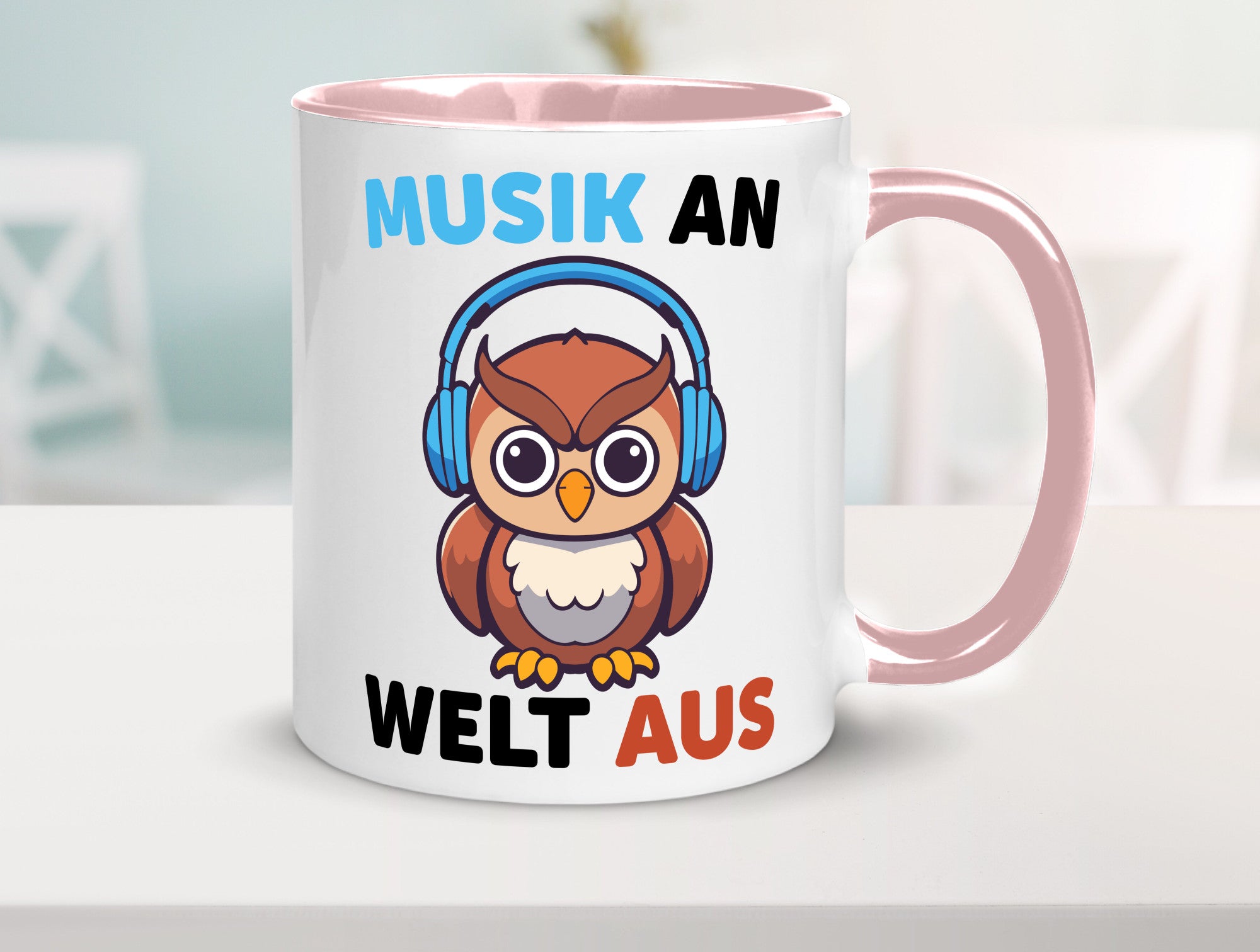 Musik an Welt aus | Eule hört lustiger Spruch Geschenk Humor Geschenkidee Tasse