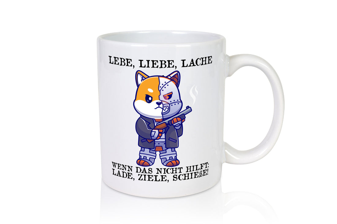 Lebe Liebe Lache | Sarkasmus Katze mit Gewehr Comic Geschenk Tierliebhaber