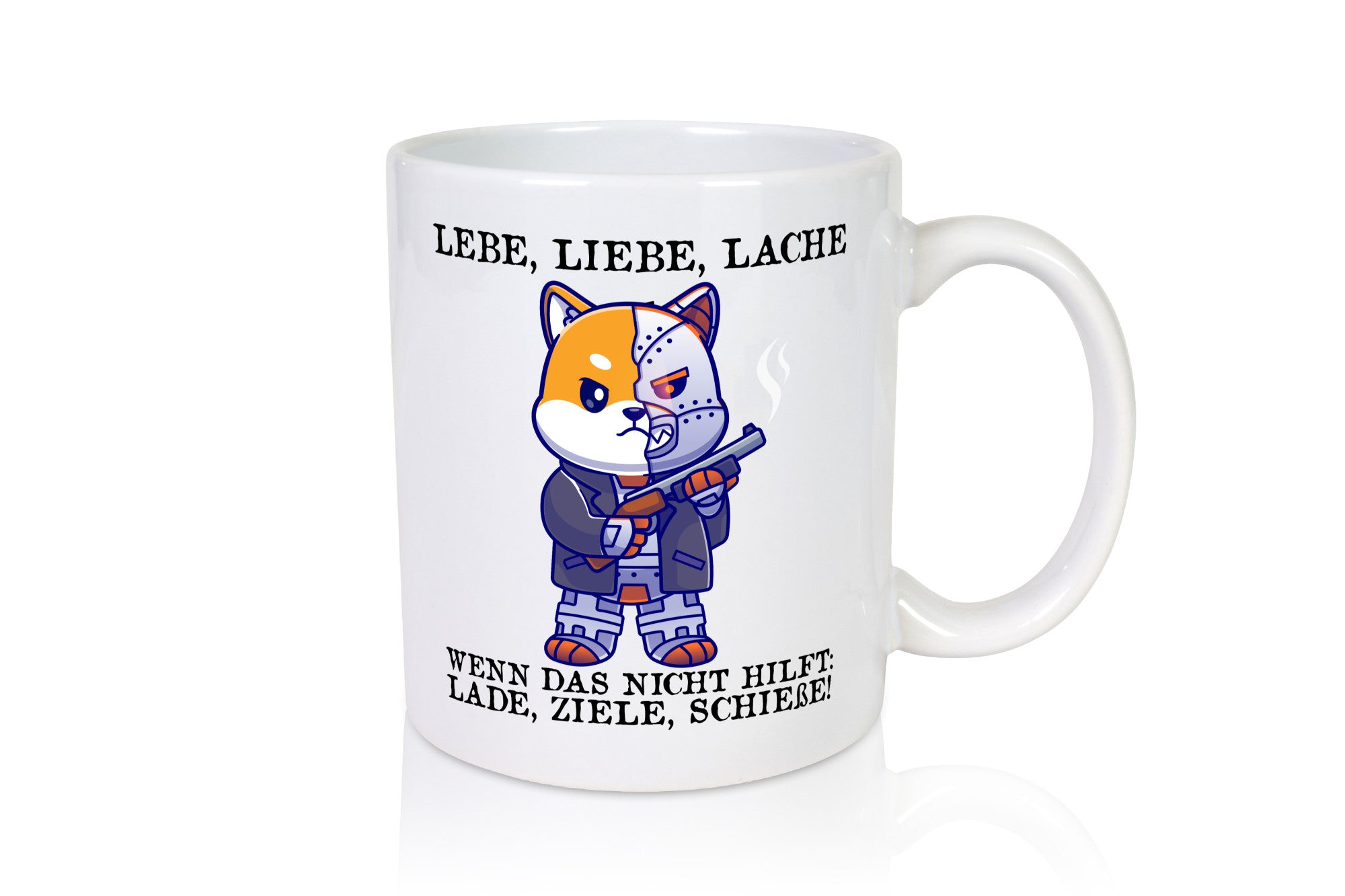 Lebe Liebe Lache | Sarkasmus Katze mit Gewehr Comic Geschenk Tierliebhaber