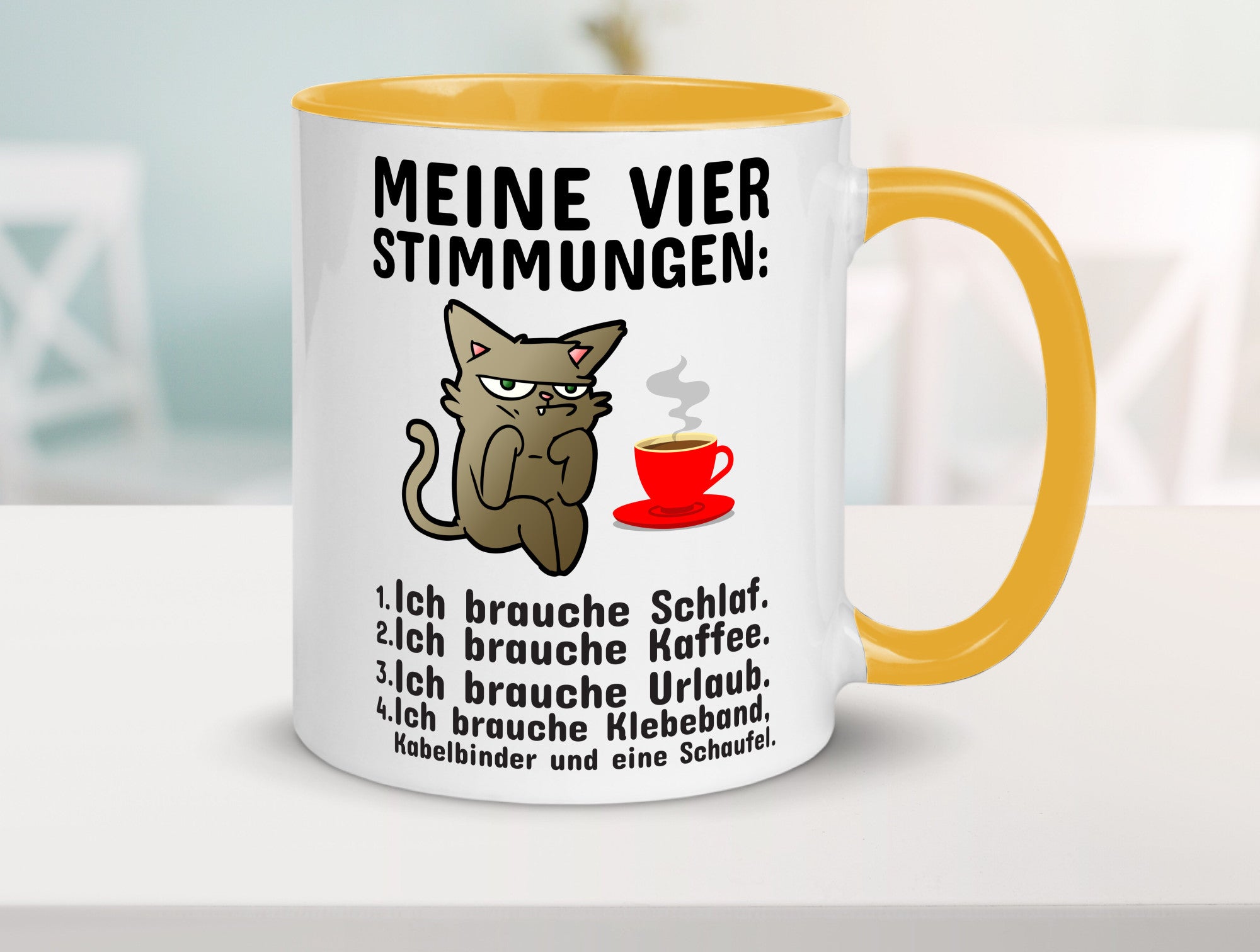 Vier Stimmungen | Morgenmuffel Tasse mürrische Katze Humor Tierliebhaber