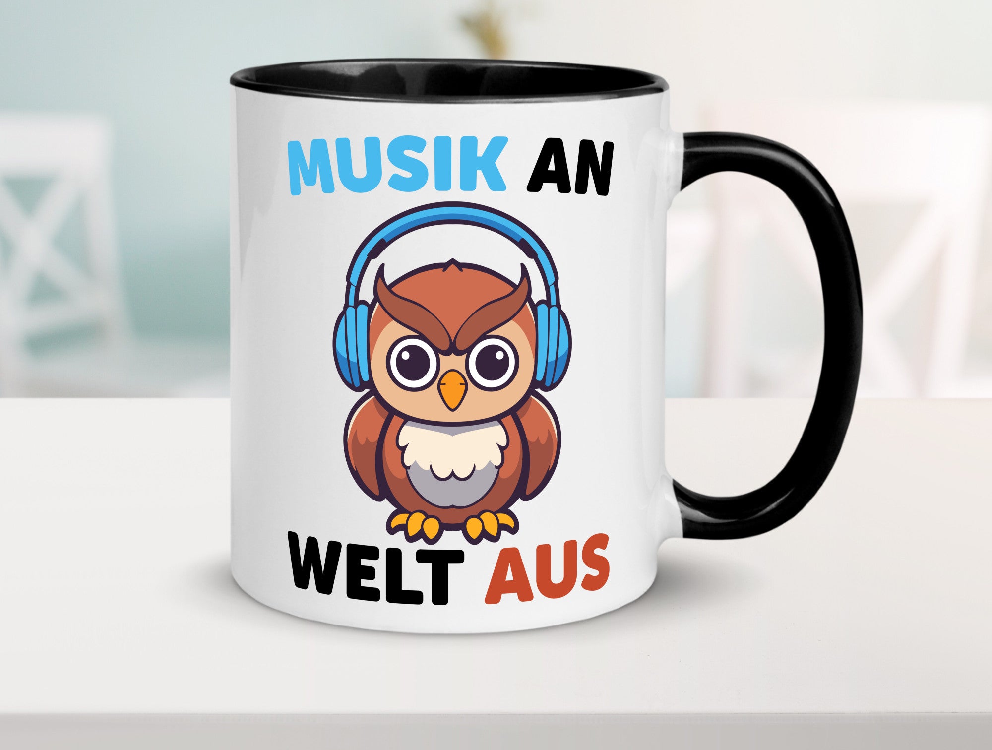 Musik an Welt aus | Eule hört lustiger Spruch Geschenk Humor Geschenkidee Tasse