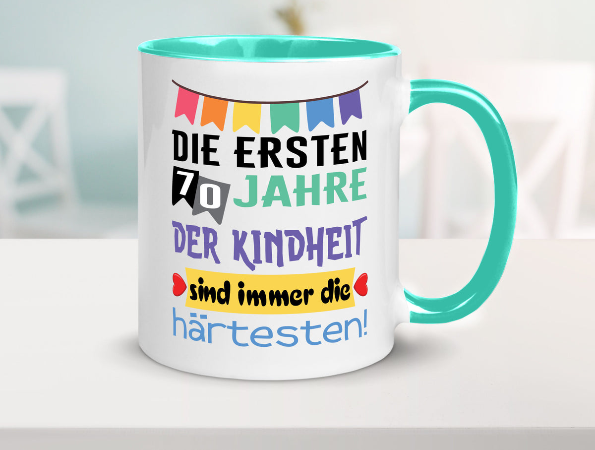Die ersten 70 Jahre der Kindheit | 70. Geburtstag Rentner Humor Ruhestand Tasse