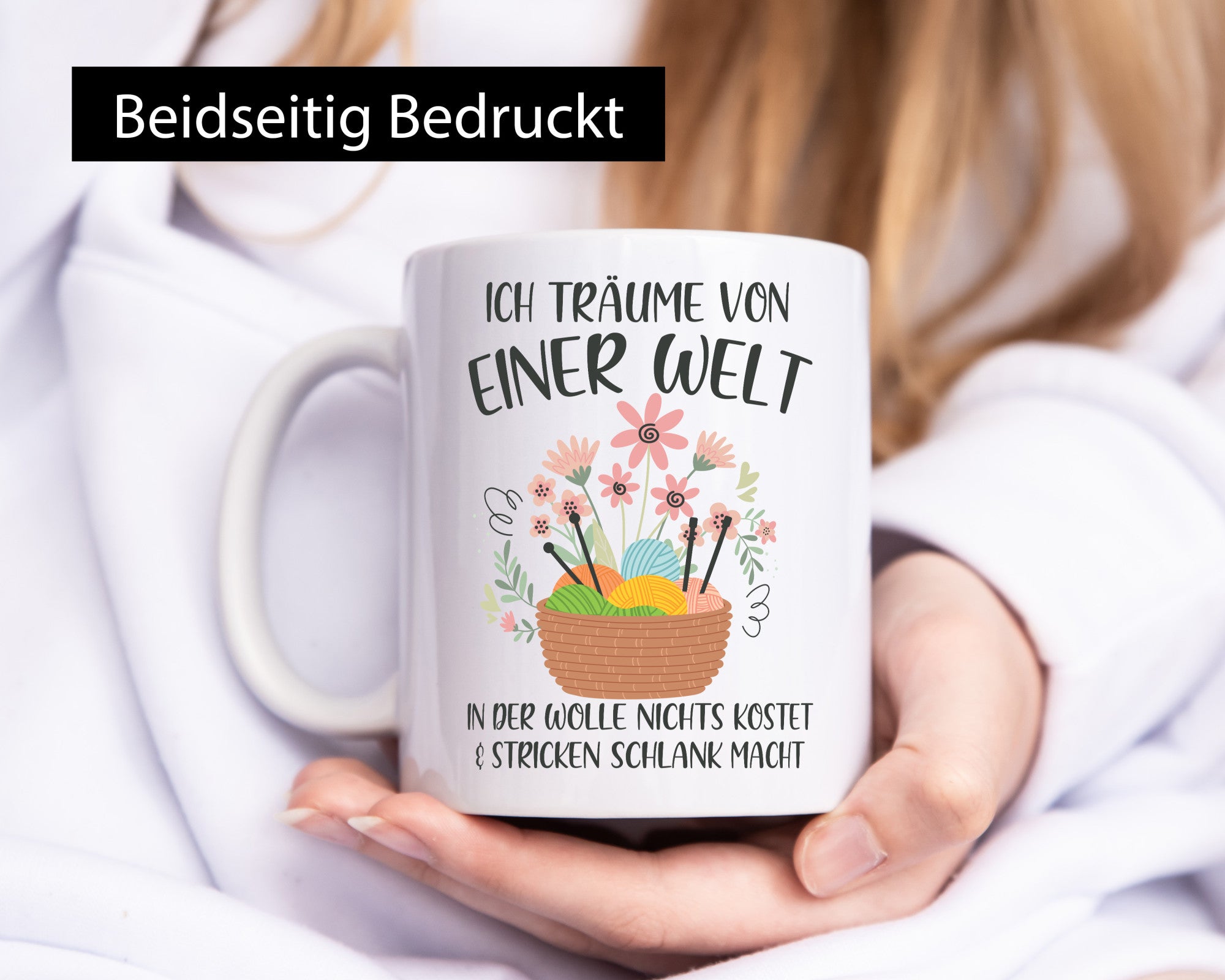 Träume von Wolle die nichts kostet | Korb Strick Blumen lustiger Spruch