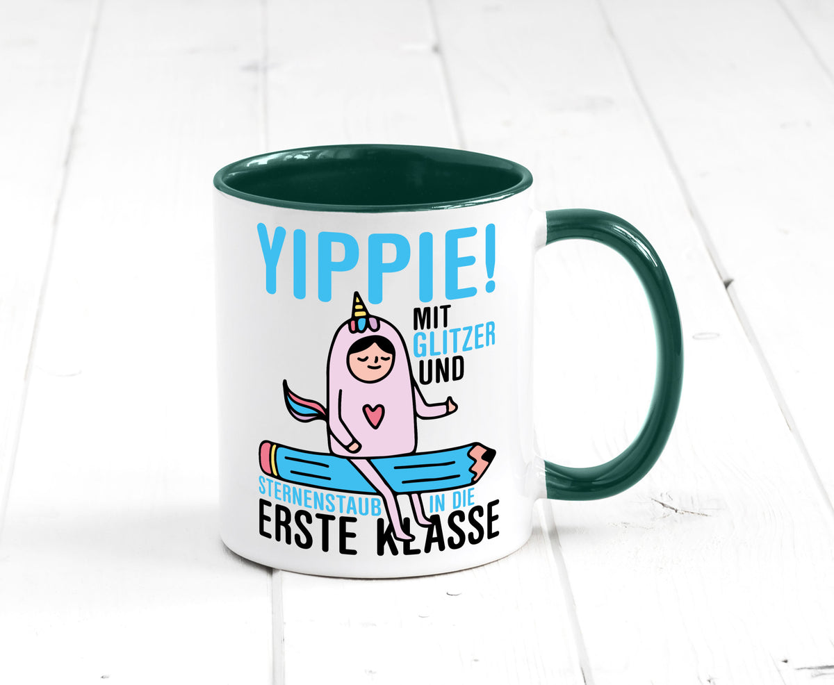 Mit Glitzer und Sternenstaub | Einschulung Einhorn lustiger Spruch Geschenk Tasse