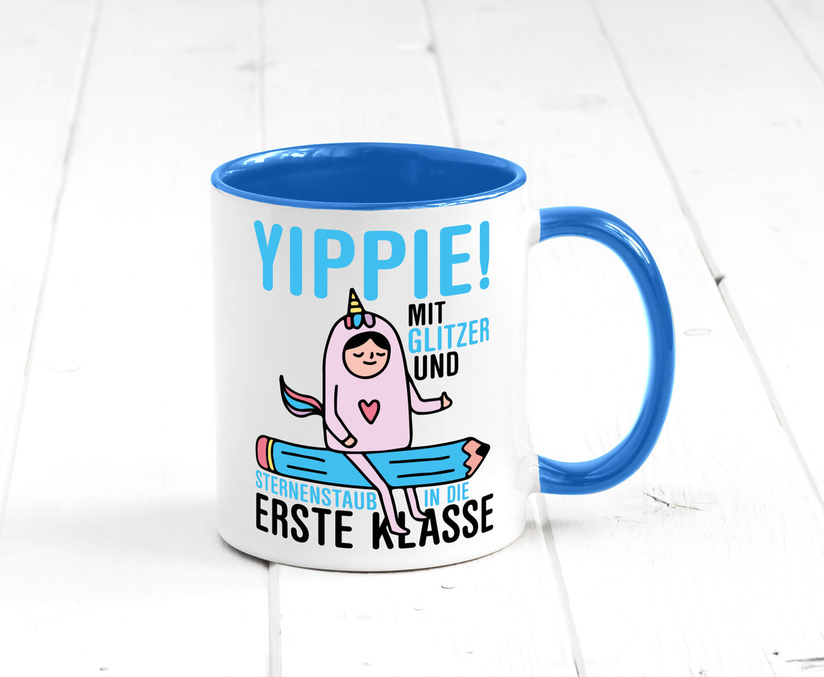 Mit Glitzer und Sternenstaub | Einschulung Einhorn lustiger Spruch Geschenk Tasse