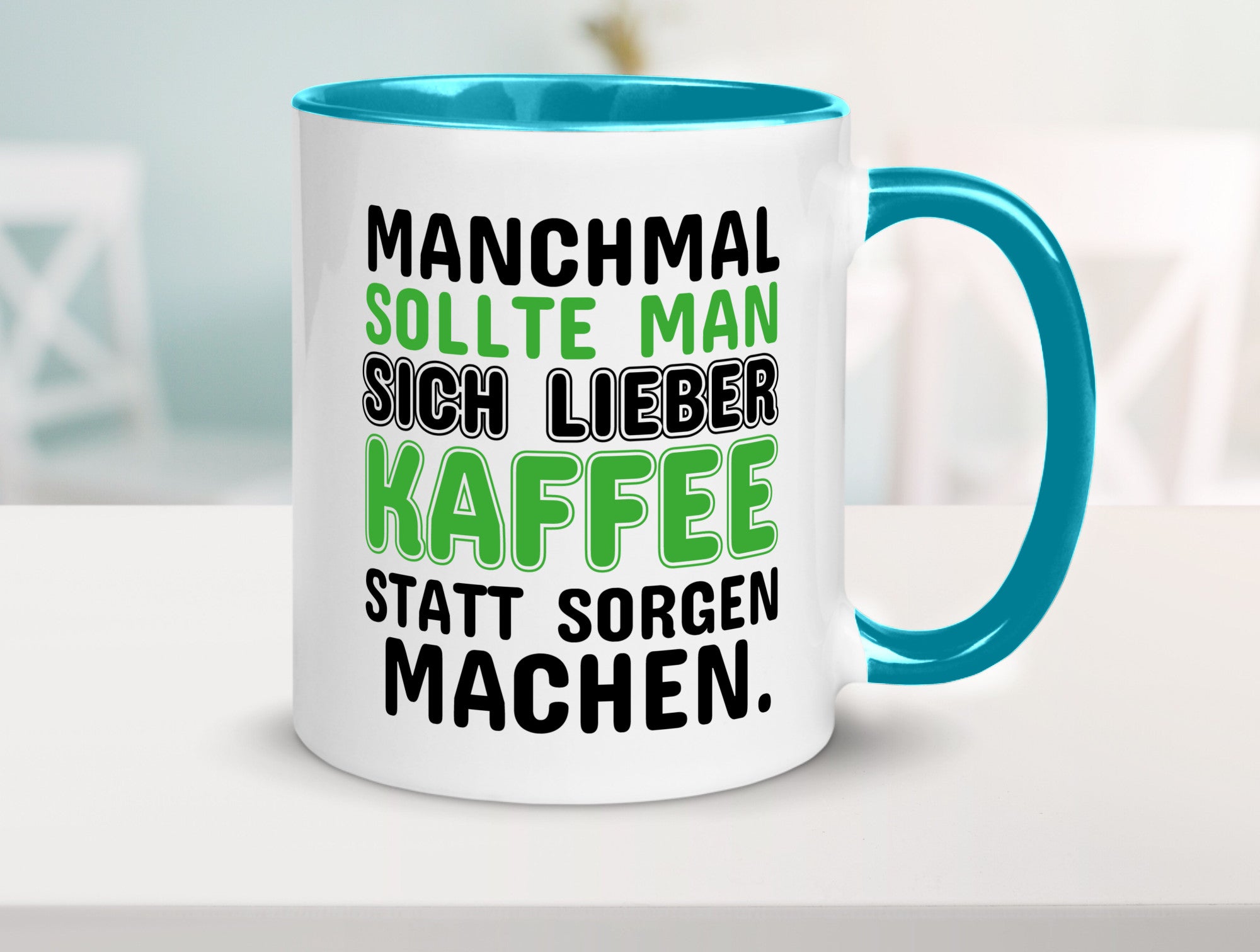 Kaffee statt sorgen lustiger Spruch Geschenk Humor Geschenkidee Tasse