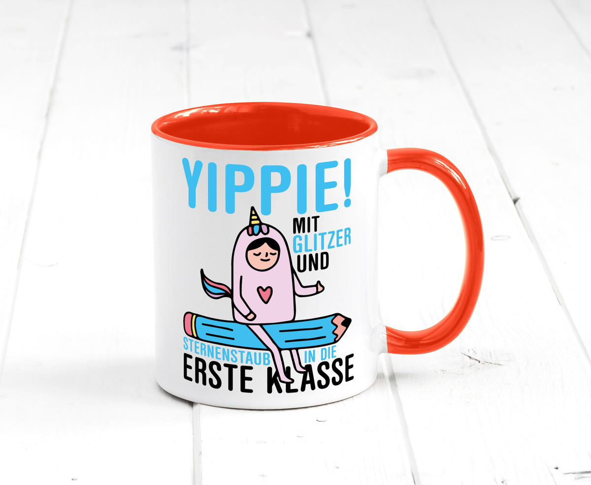Mit Glitzer und Sternenstaub | Einschulung Einhorn lustiger Spruch Geschenk Tasse