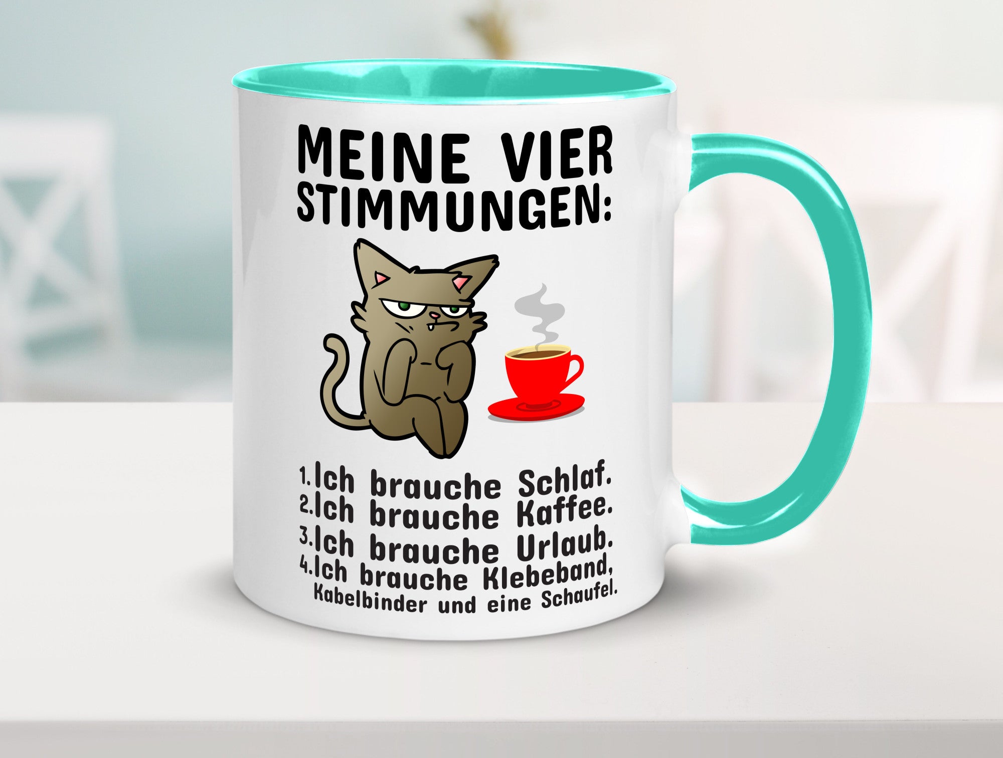 Vier Stimmungen | Morgenmuffel Tasse mürrische Katze Humor Tierliebhaber