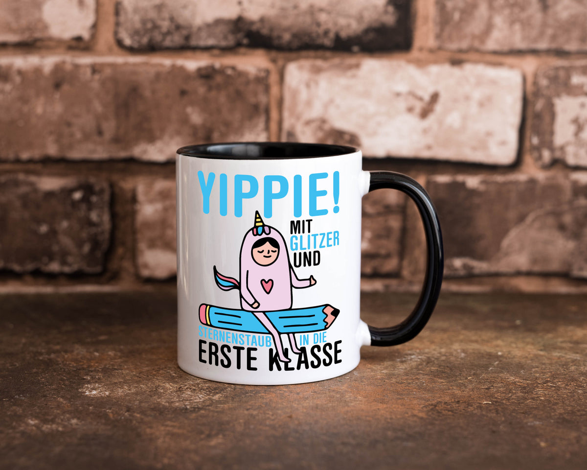 Mit Glitzer und Sternenstaub | Einschulung Einhorn lustiger Spruch Geschenk Tasse
