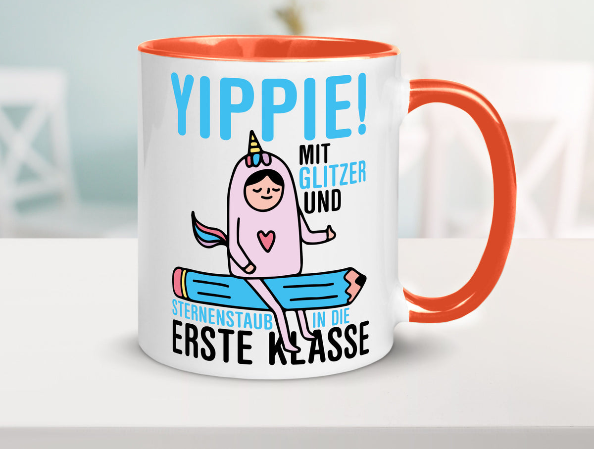 Mit Glitzer und Sternenstaub | Einschulung Einhorn lustiger Spruch Geschenk Tasse